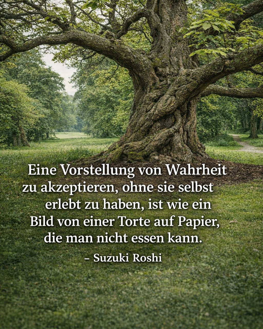 Eine Vorstellung von Wahrheit zu akzeptieren, ohne sie selbst erlebt zu haben, ist wie ein Bild von einer Torte auf Papier, die man nicht essen kann. – Suzuki Roshi
