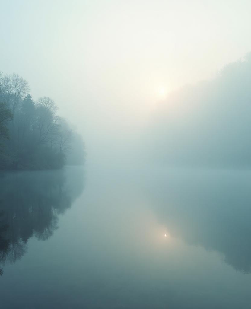 Still gelegener See im Nebel als Raum für Klarheit