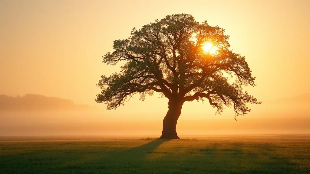 Alte Eiche im Morgenlicht auf nebelverhangener Wiese, Symbol für stille Führung und innere Verwurzelung